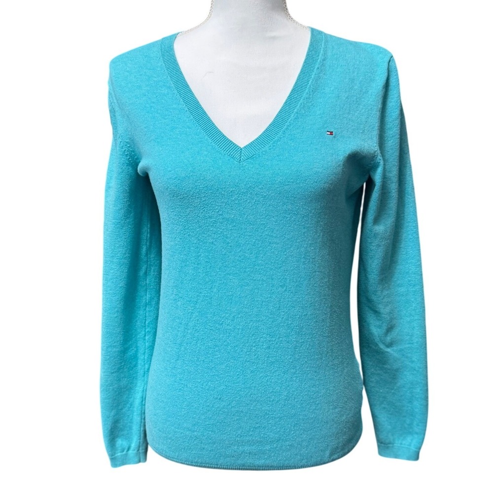 Tommy Hilfiger V-Neck Pima Cotton Blend Sweater Small Blue Excellent Preppy Logo